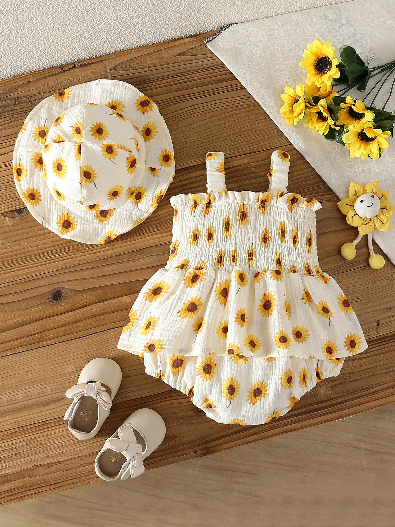 Korean Style Baby Romper Sunflower Print Girls Strap Ruffle Summer Dress Light Cotton Daily Outfit For Infant