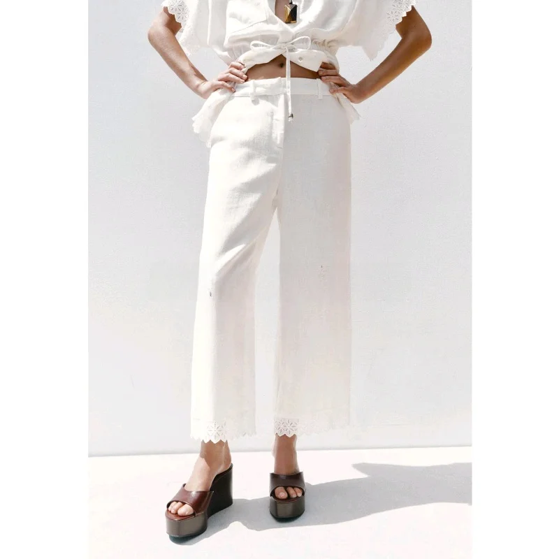 Mixed Hemp ort Sve Collared irt And High Waist Loose Pants Women's Faion Set Autumn Season Floral Lace Detail Blouse