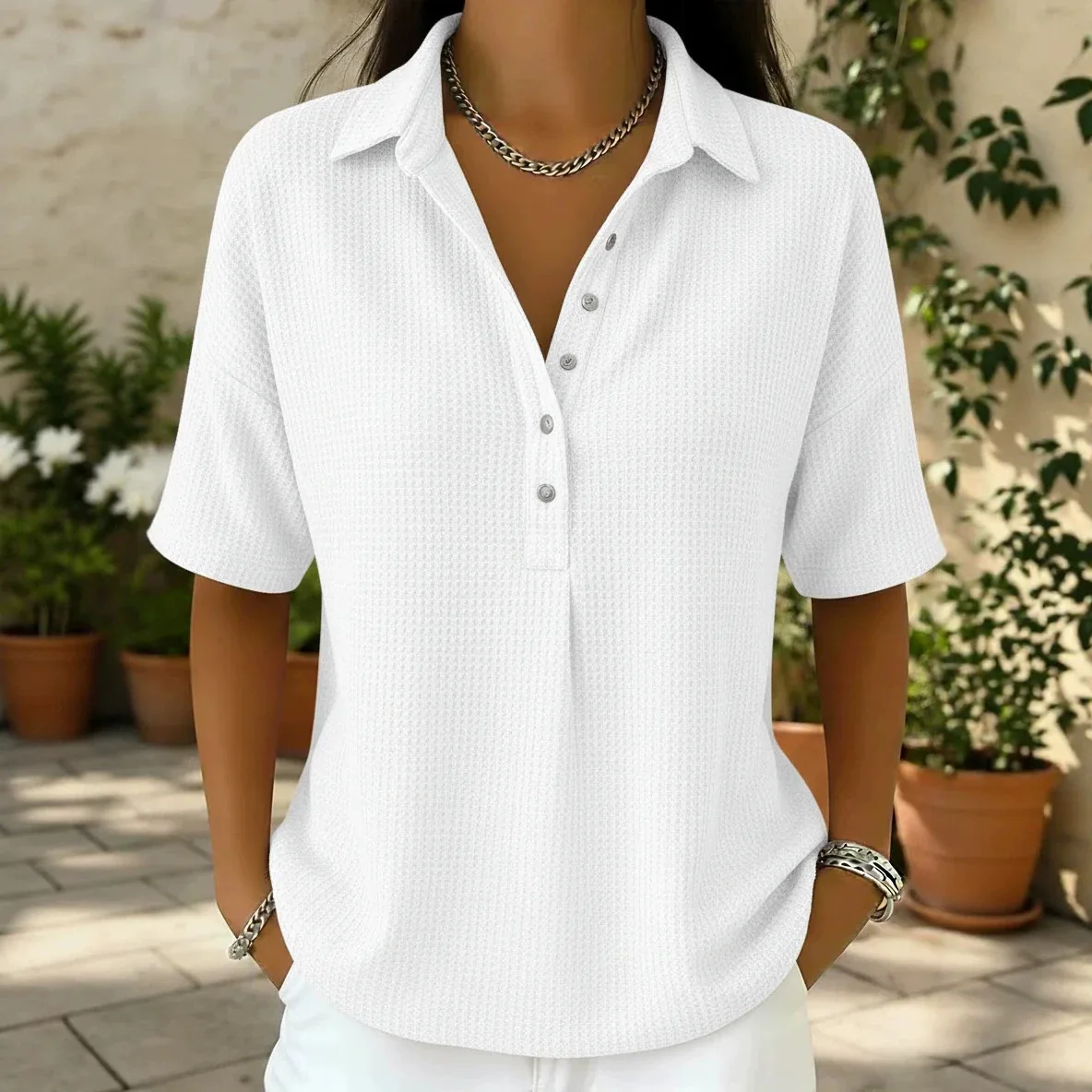 Fashionable Casual Waffle Collar Shirt Short-sleeved Top