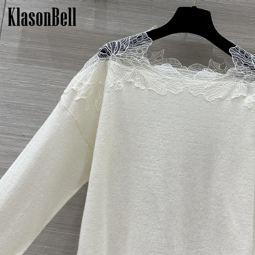 8.31 KlasonBell Women\'s Sexy Off-Shoulder Sheer Lace Spliced Knitwear Top Basics All-match Long Sleeve Cashmer Knit Sweater