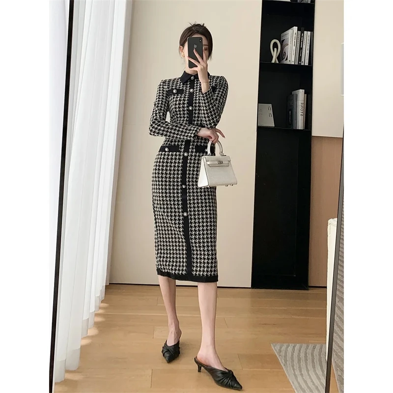 Vintage Houndstooth Knitted Dress Slim Long Sleeve Women Vestidos Spring Elegant Casual Kleid Korean Fashion Maxi Dresses New