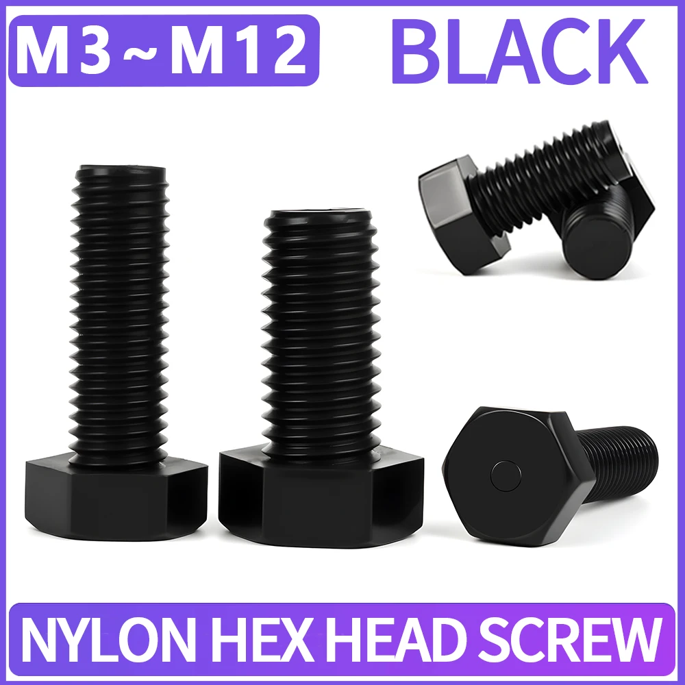 M3 M4 M5 M6 M8 M10 M12 Black Nylon Plastic Outside Hex Head Bolt External Hexagon Head Screw for Heat/Electricity Insulation Use
