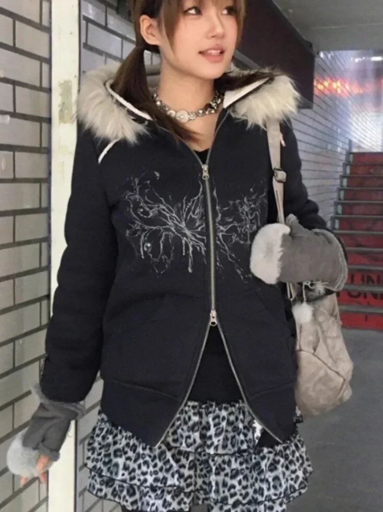 Y2kเสื้อกันหนาวขนสัตว์Patchwork Hoodiesผู้หญิงVINTAGEพิมพ์แจ็คเก็ตเกาหลีคู่ซิปHooded Coats Harajuku Grunge Streetwear
