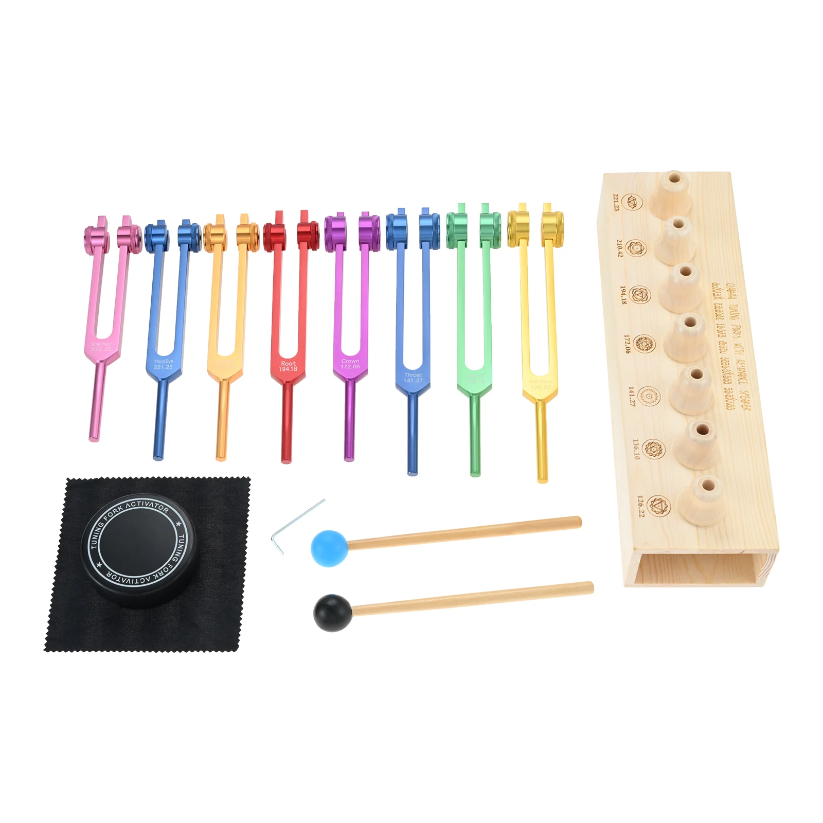 7 Chakra and 1 Soul Purpose Weighted Tuning Forks with Wooden Sound Box for Sound Therapy, Yoga, Meditation 126.22 Hz -272.2Hz