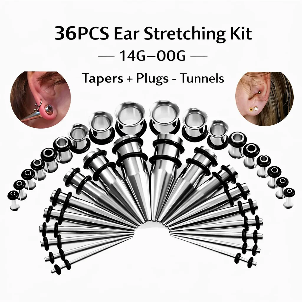 

36PCS Stainless Steel Ear Stretching Kit 14G-00G Tapers with Single Flare Plugs & Tunnels Gauge Set