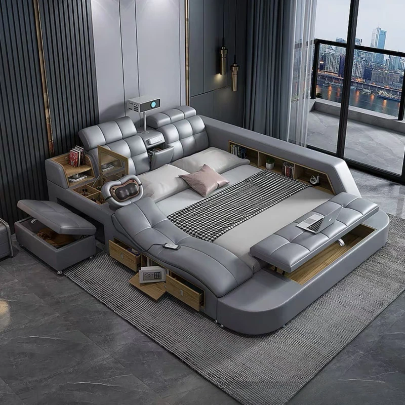 

Multifunctional intelligent massage tatami bed leather bed modern simple projector master bedroom 1.8 meters double