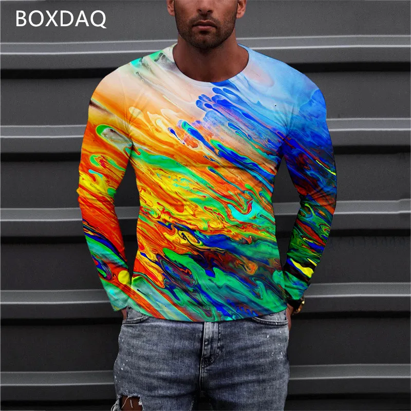 3D Tie Dye Print Casual TShirt 6XL Oversized Loose T-Shirt Breathable Long Sleeve Fashion Street All-match Tops Мужская футболка