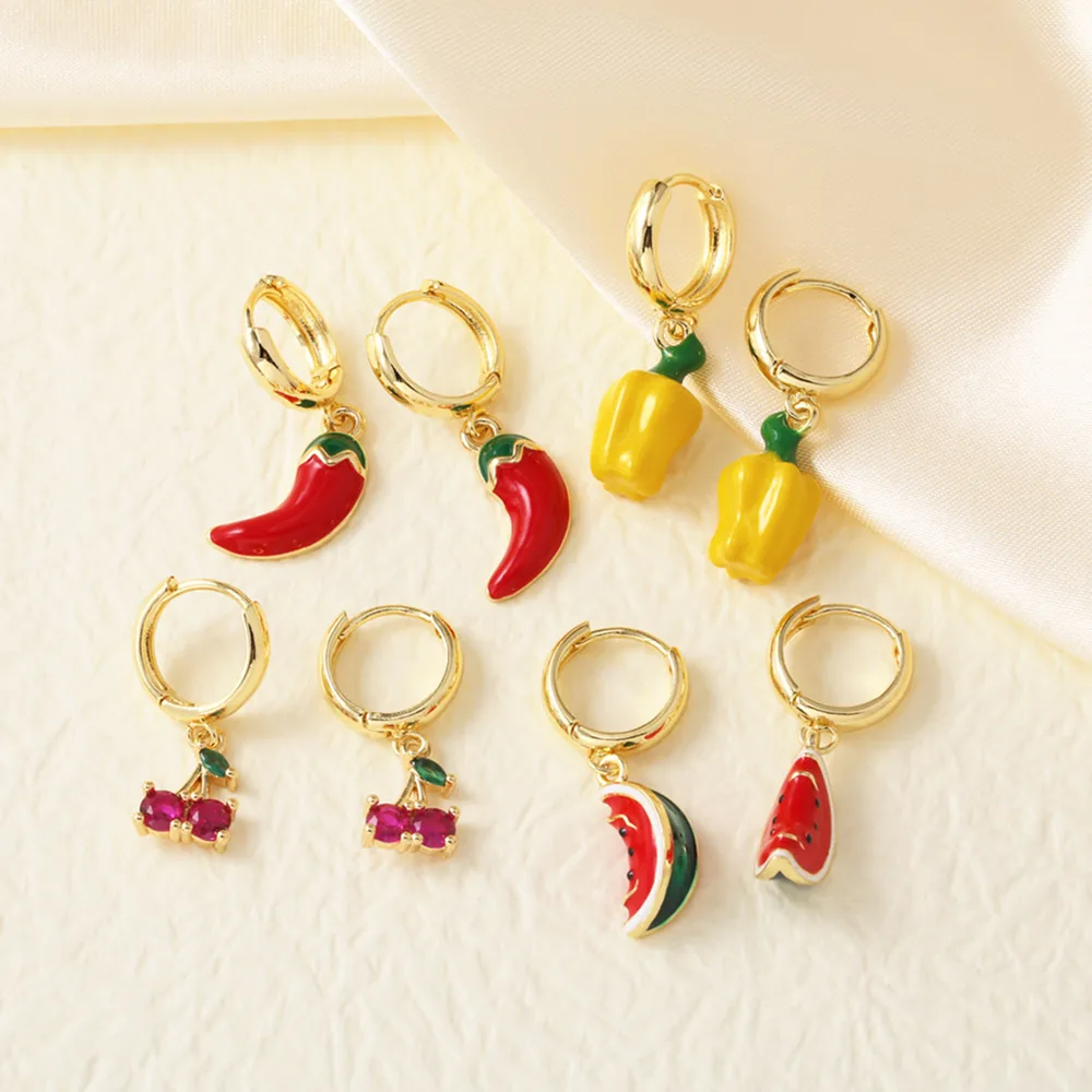 ASJEWELRY エナメルレッドチェリースイカイヤリング女性のためのゴールドメッキチリブラブライヤリングフルーツジュエリーギフト ersy53
