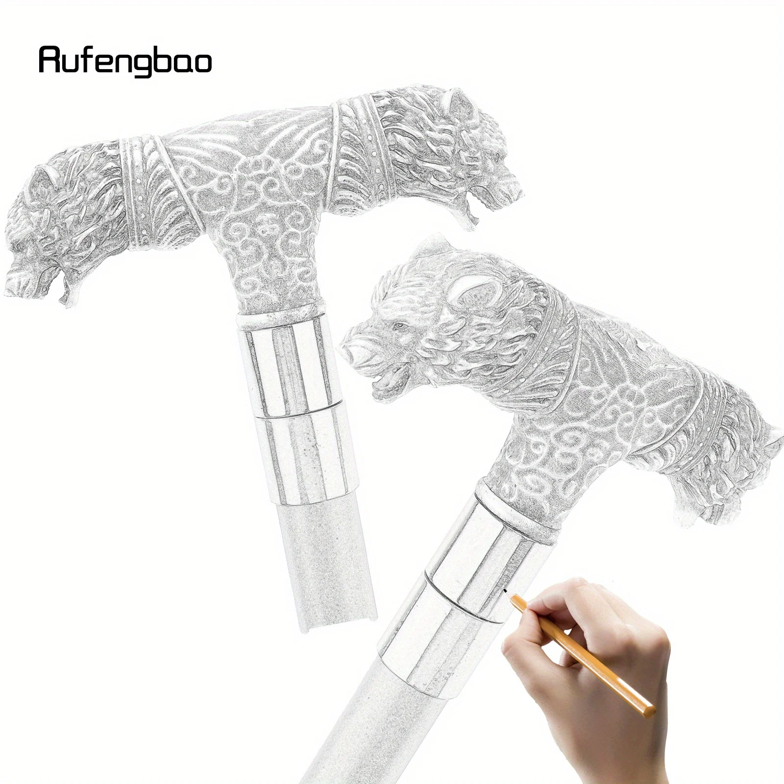Silver Resin Wolf Double Head Walking Cane Fashion Steel Stick Elegant Cosplay Cane Knob Crosier Performance Stage Cane 92cm