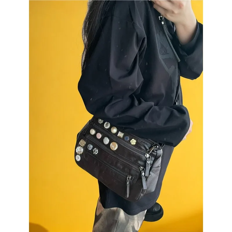 Button-washed PU Leather Single-shoulder Bag Multi-layer Women's Backpack Heavy Craftsmanship Light and Simple Crossbody Bag