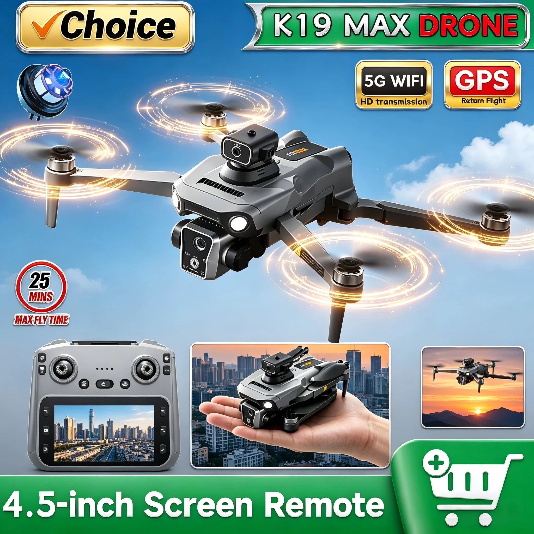Nuevo Dron GPS K19 MAX 2026 con Cámara Dual 4K, WIFI 5G FPV, Pantalla de 4.5'', Control Remoto, 25 Minutos de Vuelo, Evitación de Obstáculos, Retorno Automático