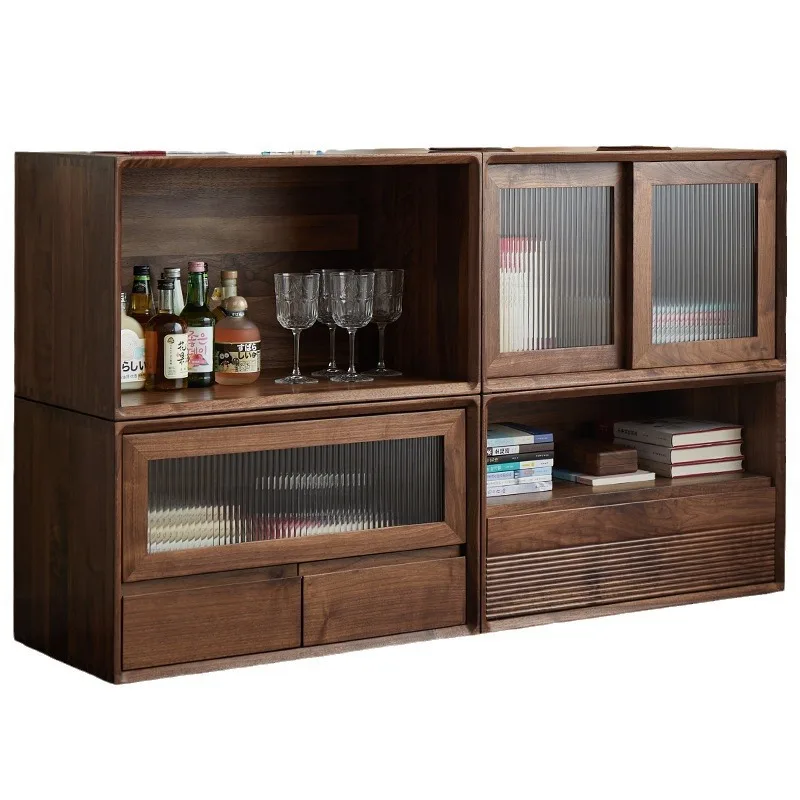 

Black walnut solid wood bookcase with glass door living room storage compartment TV cabinet