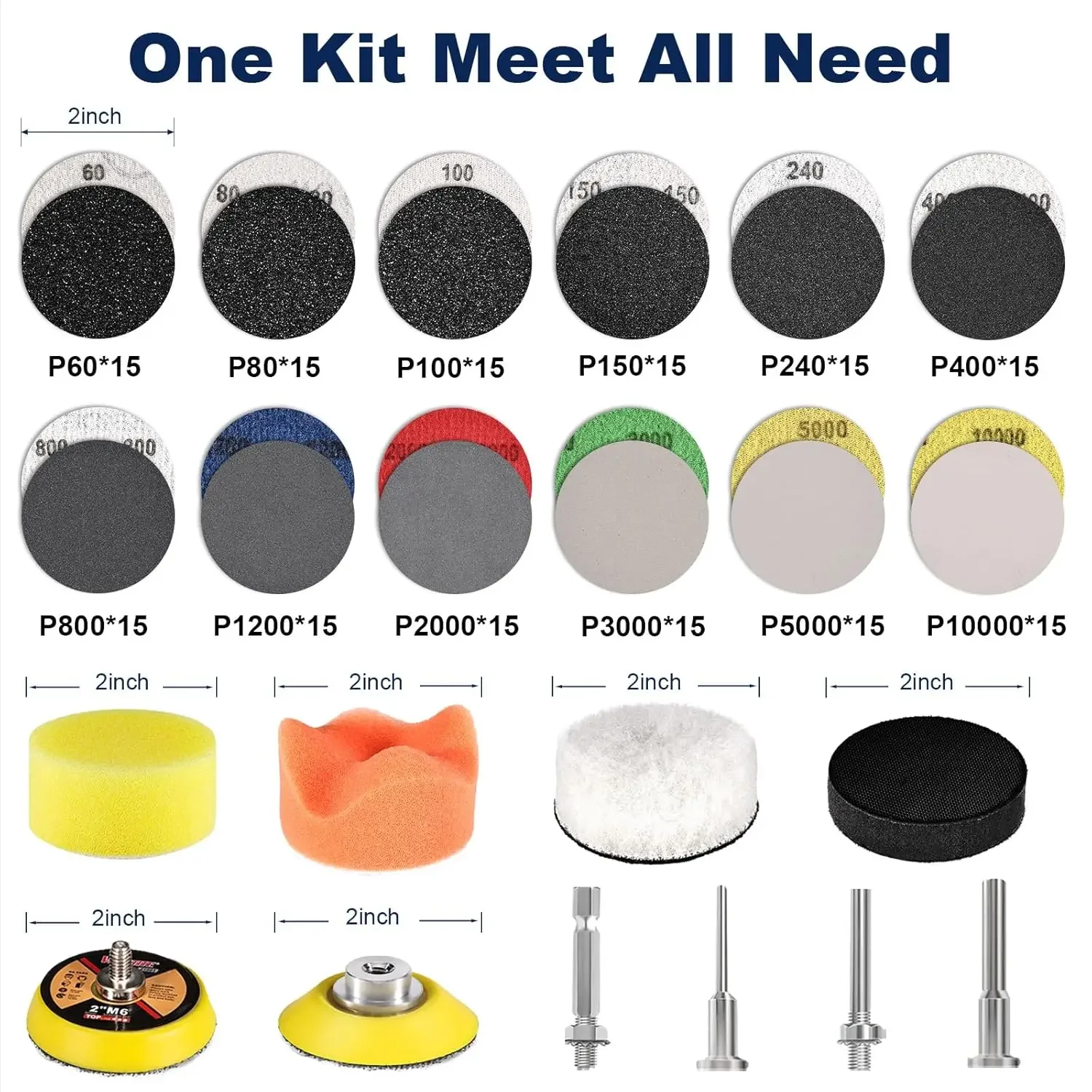 2 Inch Hook and Loop Sanding Disc 190 Pcs Assorted 60 to 10000 Grit Wet Dry Sandpaper with Backing Pad Sponge for Auto Metal