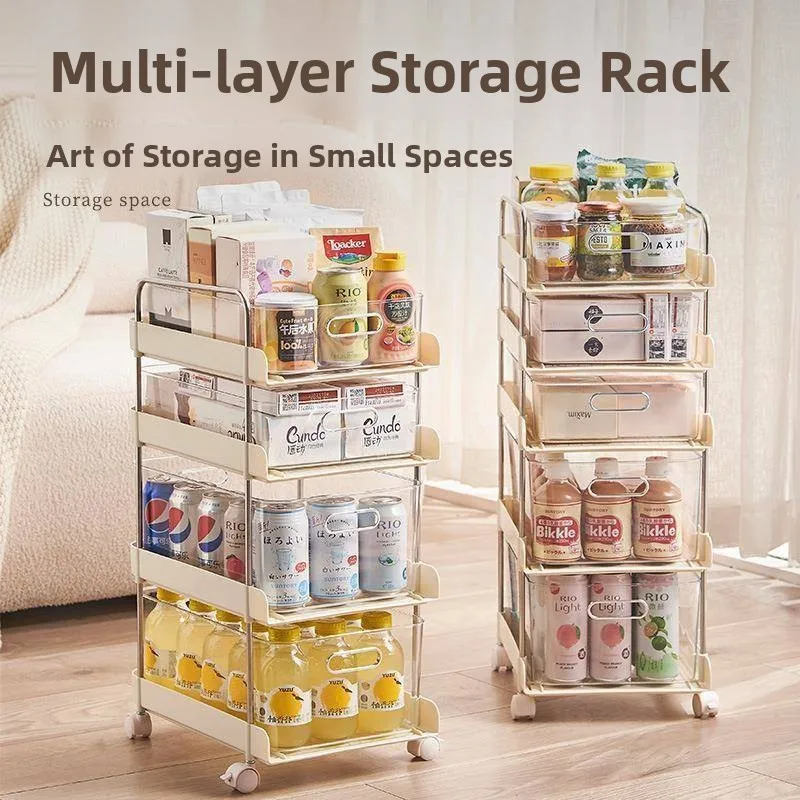 Multi-Layer Drawers Style Storage Box Home Bathroom Floor Standing Small Cart Organizer Rack Creamy Vintage Aesthetic