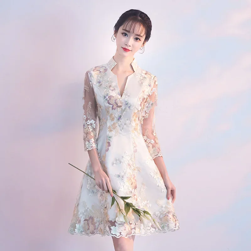 

Новинка, женские китайские кружевные платья с цветочной вышивкой, элегантный воротник-стойка, короткая юбка Ципао, трапециевидное свадебное платье