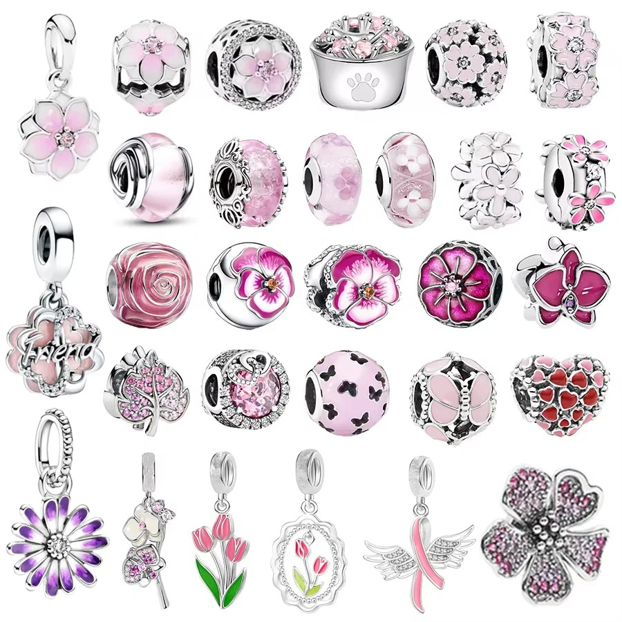 

New Pink Cherry Blossom、Four-leaf Clover、Daisy Flower、Murano Glass Charms Beads Fit Original Silver 925 Bracelet Jewelry