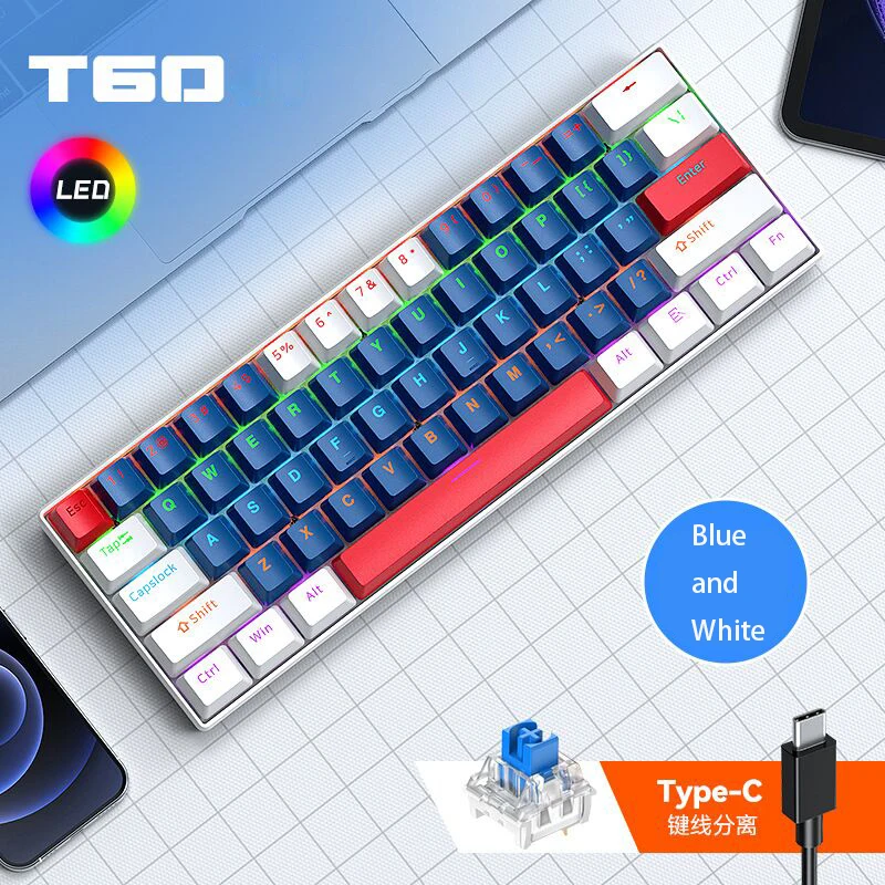 

T60 Mechanical Keyboard Gaming Computer Office Accessories USB Type-c Keyboard RGB Backlit Color Keycaps laptop mini 61Key Cable