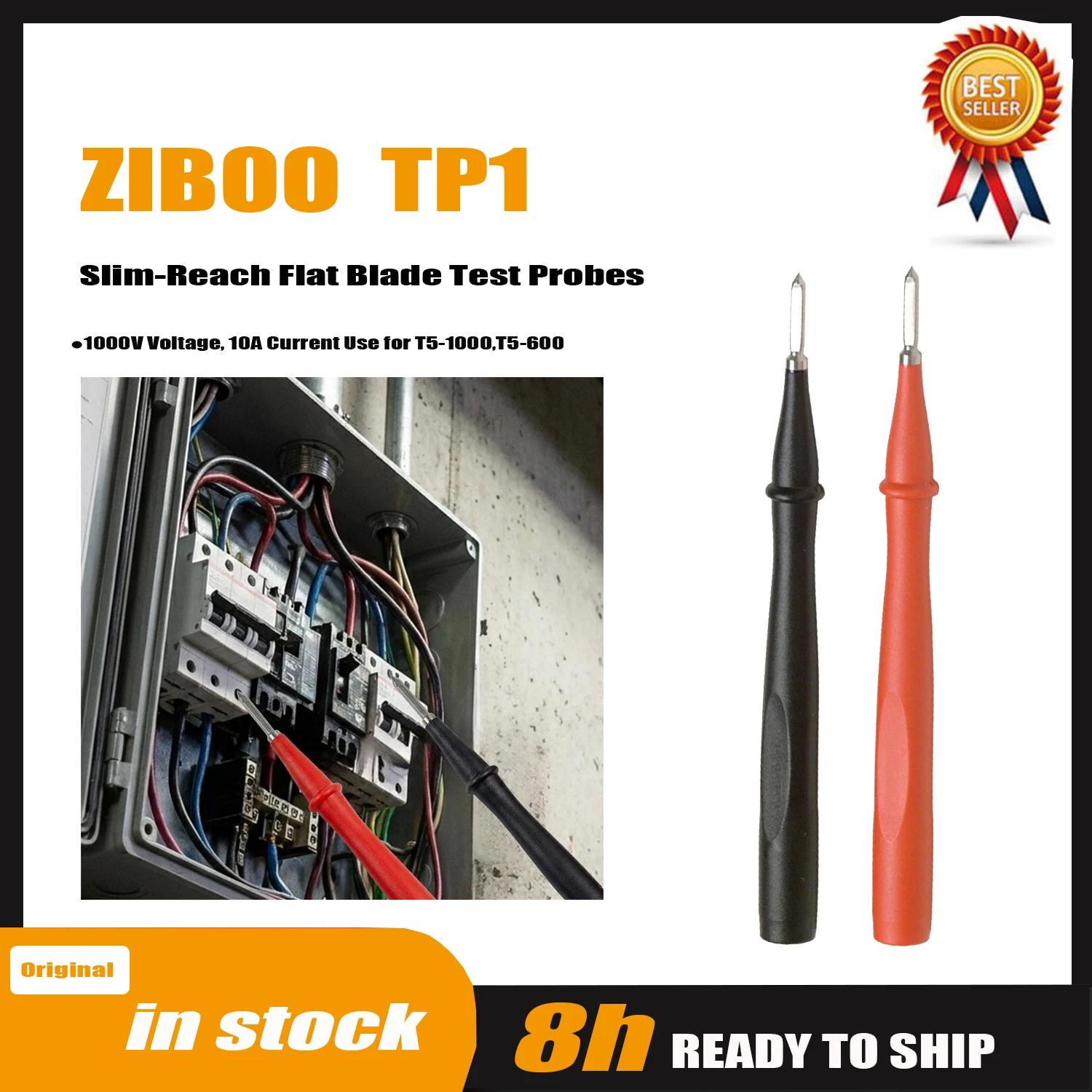 ZIBOO TP1 Slim-Reach Flat Blade Test Probes with Stainless Steel Tip, 1000V Voltage, 10A Current Use for T5-1000,T5-600
