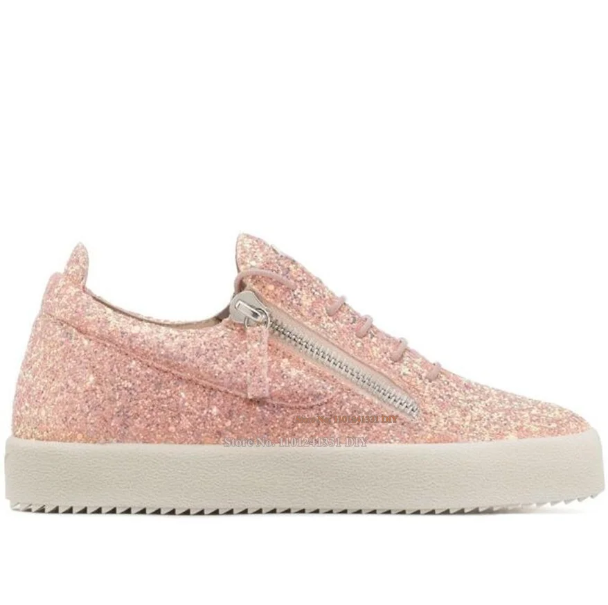 Cheryl Peach Pink Glitter Low Top Trainers Side Zipper Lace Up Board Shoes Women Daily Casual Shoes Zapatillas Chaussure