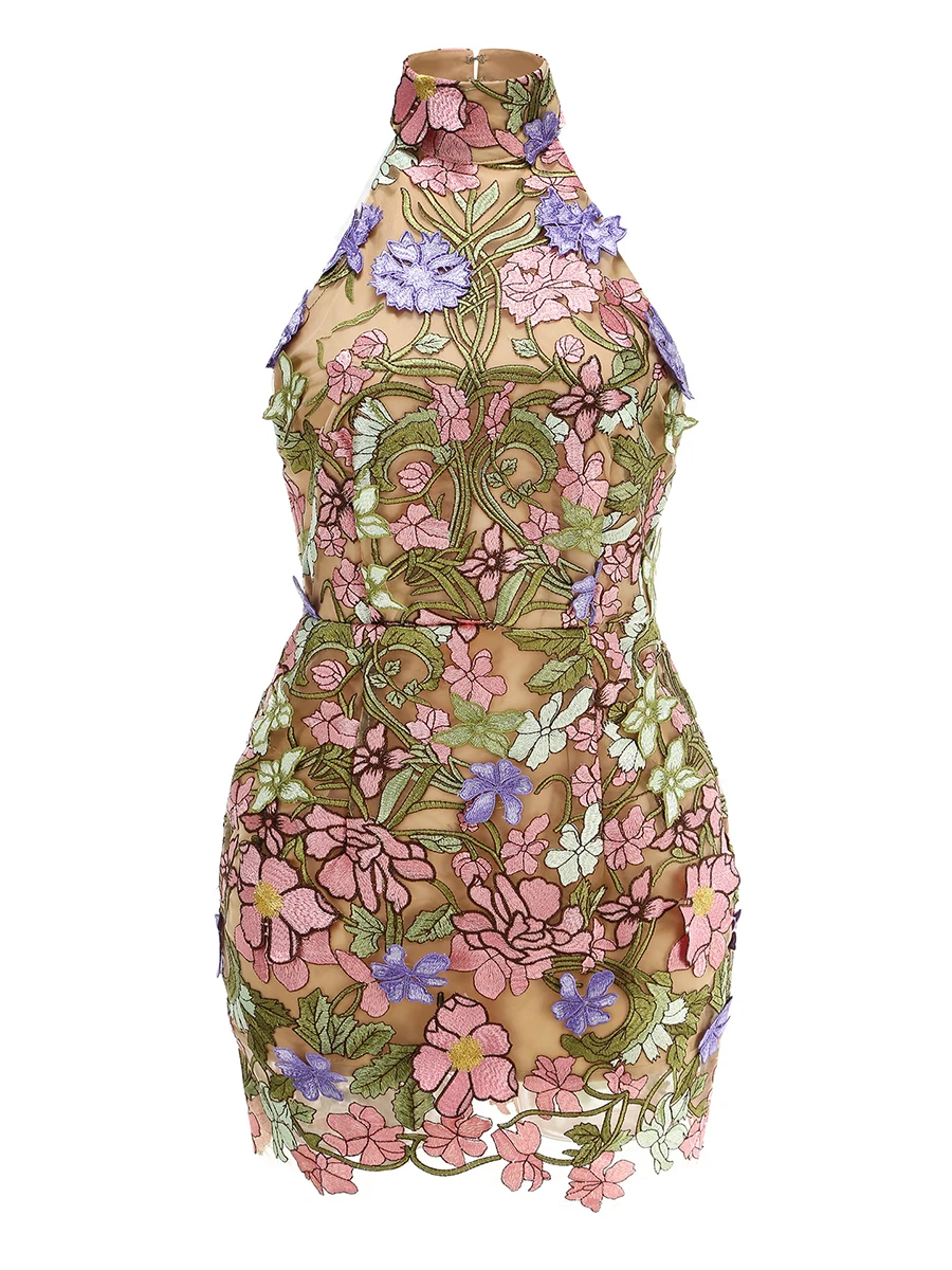 TWOTWINSTYLE Hit couleur minceur épissé robes brodées pour les femmes licou sans manches dos nu taille haute robe femme vêtements