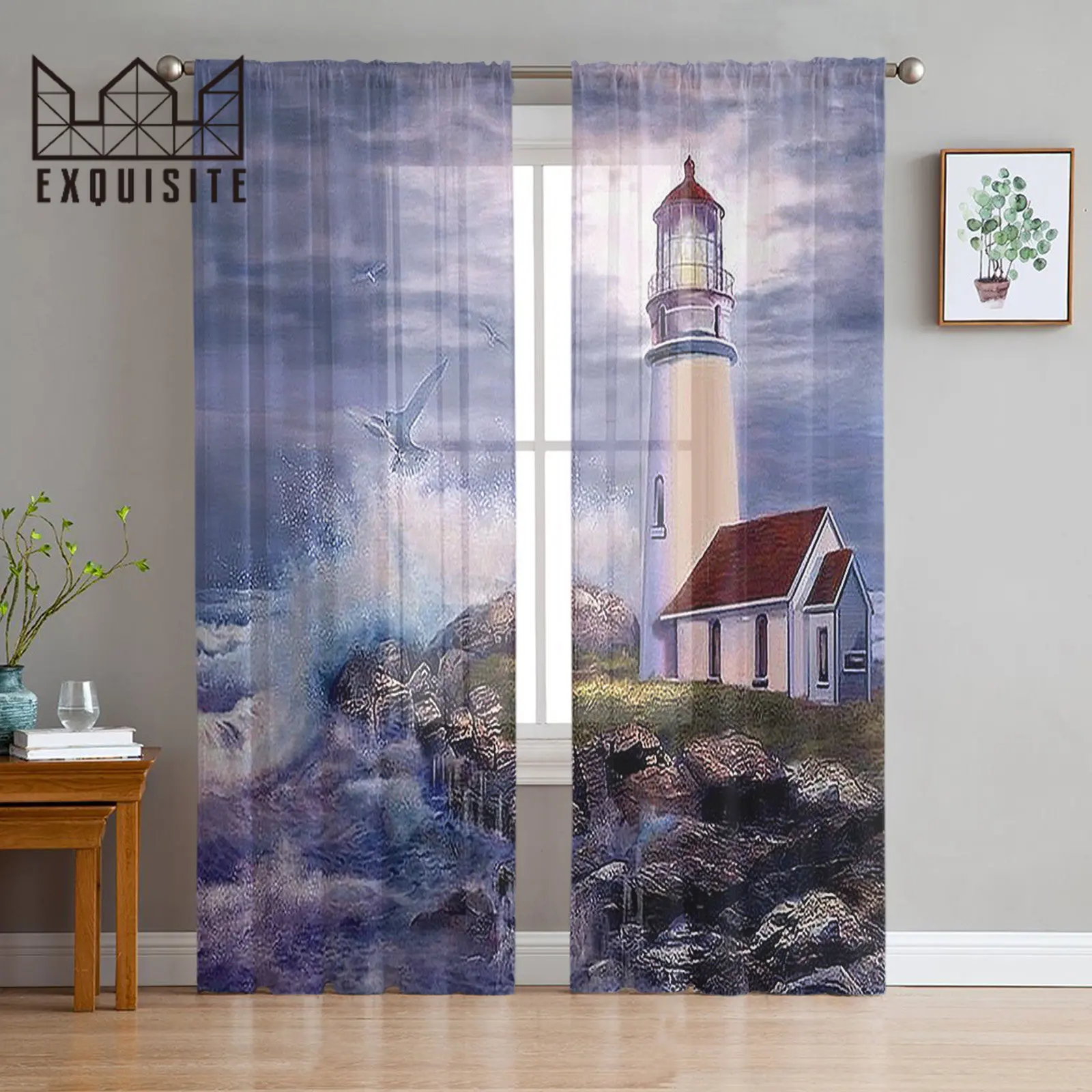 Coast Lighthouse Waves Tulle Curtain for Living Room Bedroom for Balcony Sheer Curtain Modern Home Decorative Tulle Curtain