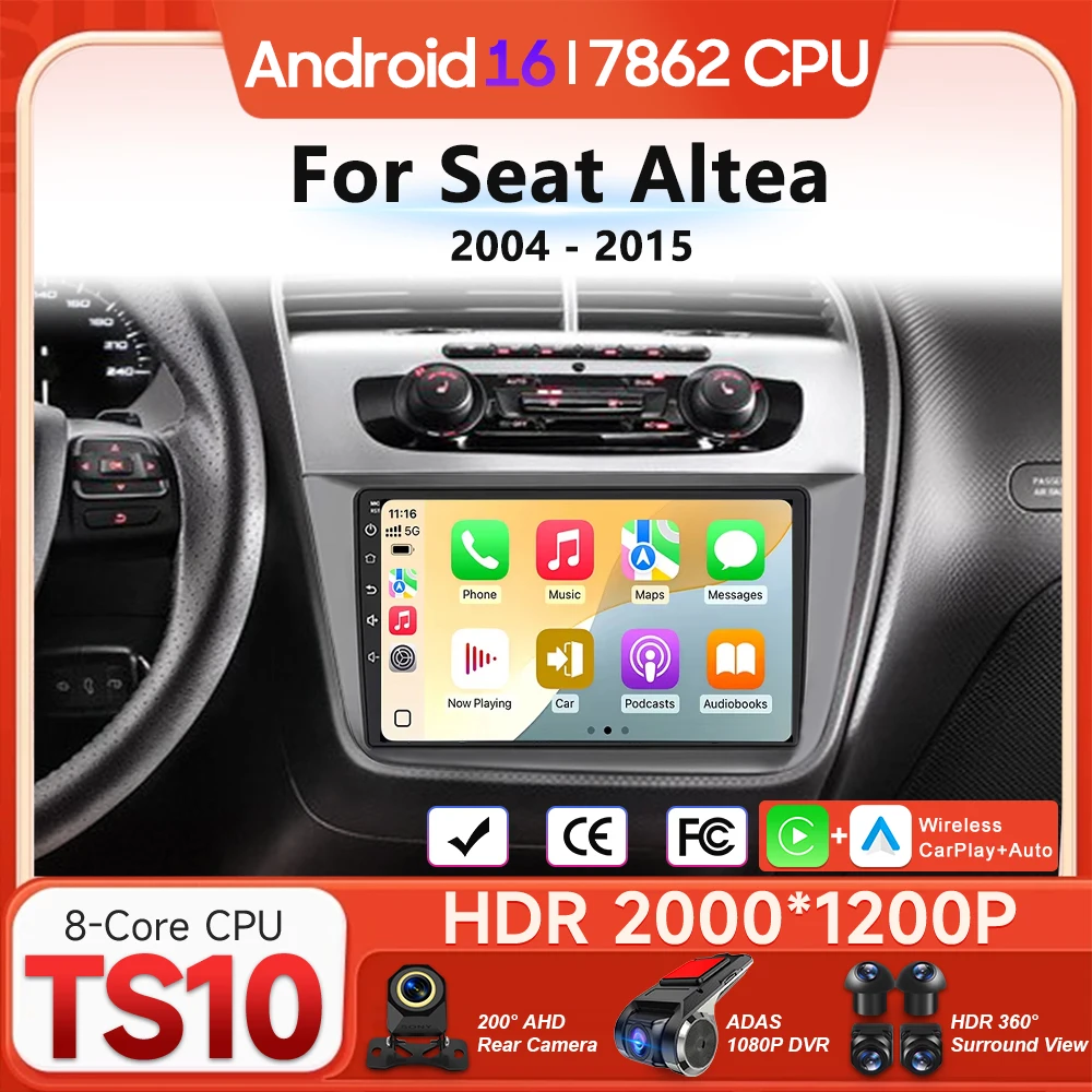

Мультимедийный проигрыватель Android 16 для Seat Altea 2004-2015 с беспроводным CarPlay, автомагнитолой, видео, стерео, навигацией GPS, BT, DSP, Wi-Fi