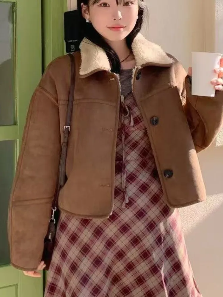 Retro sle ort pele de cordeiro jaet feminino fadable turn-down colarinho único botão couro e pele intercuído calor outerwear