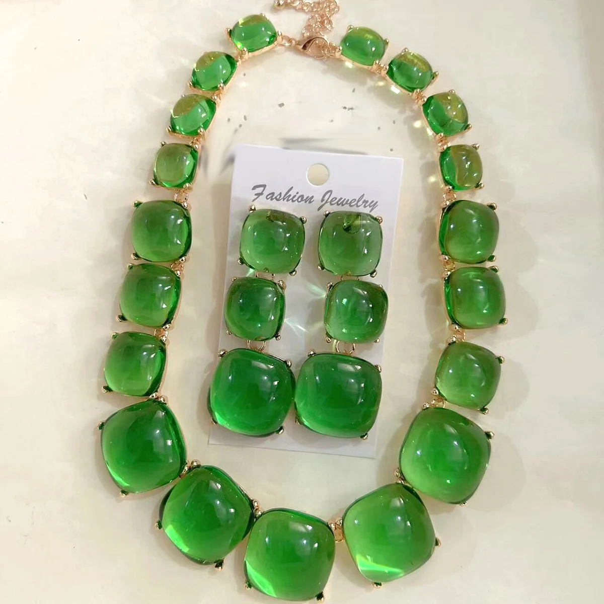 Vedwas Alloy Inlaid Resin Necklace Geometric Square Persian Ethnic Holiday Style Jewelry Necklace Earrings Set