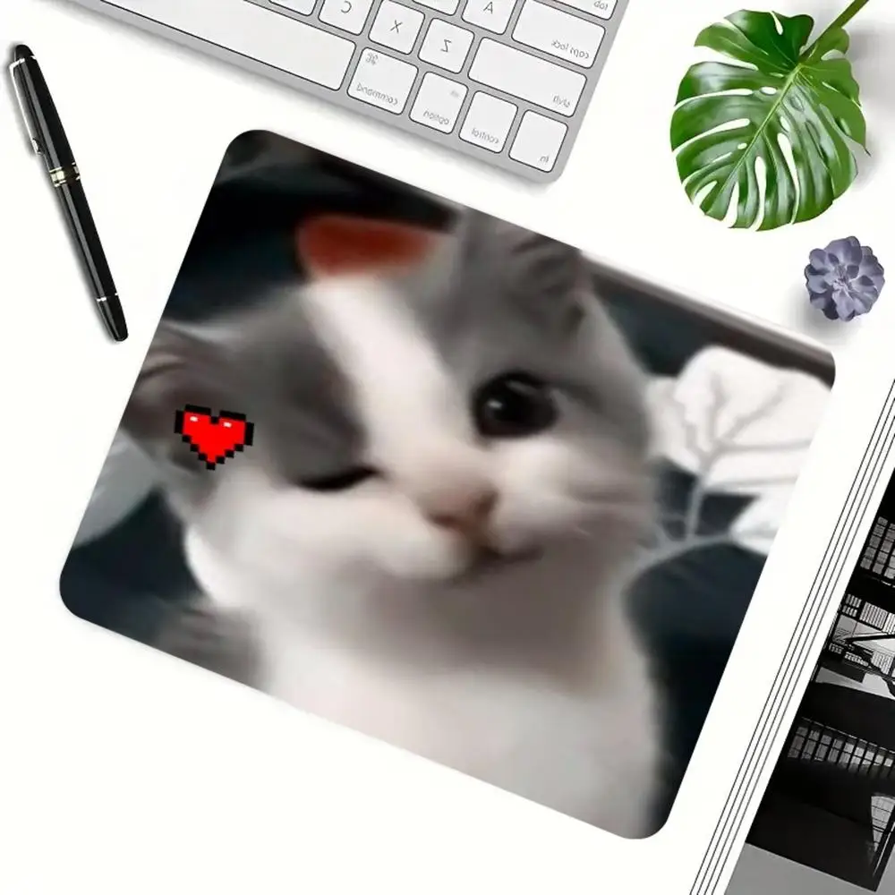 Gray White Wink Kitten Red Heart Meme Table Mat Large Size Compatible With Casual Laptop Office Games Pad