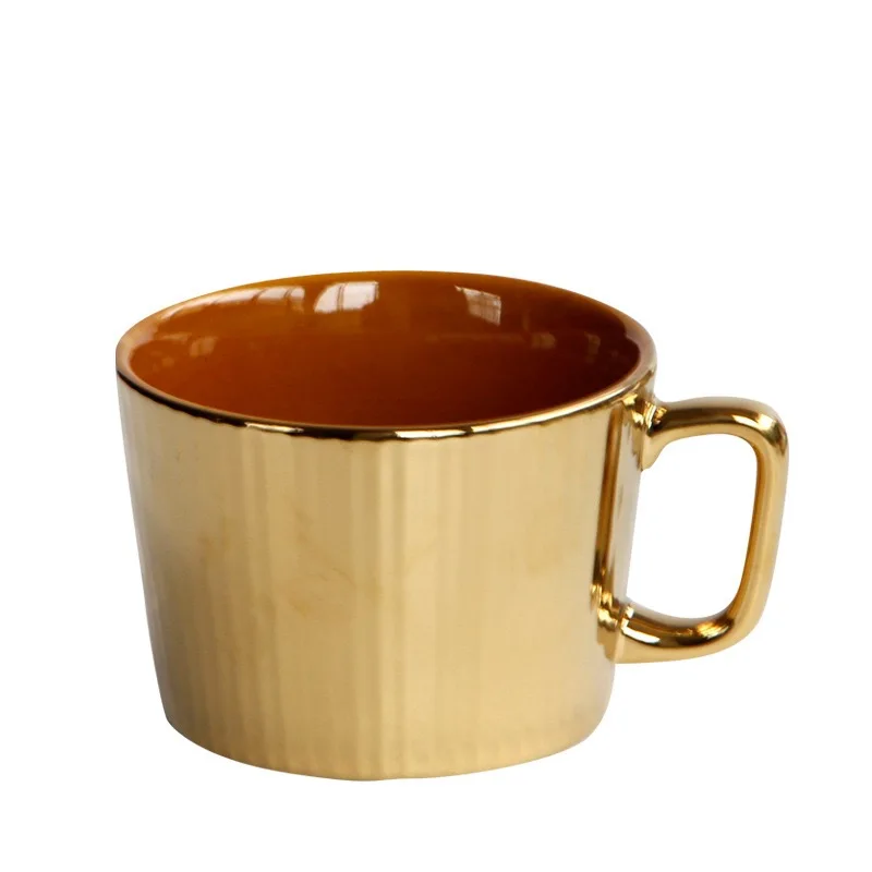 

Luxury Gold Vertical Striped Ceramic Coffee Mug, Glossy Electroplated Golden Cup Morning Milk Tea Water Cup for Kitchen Bar Gift