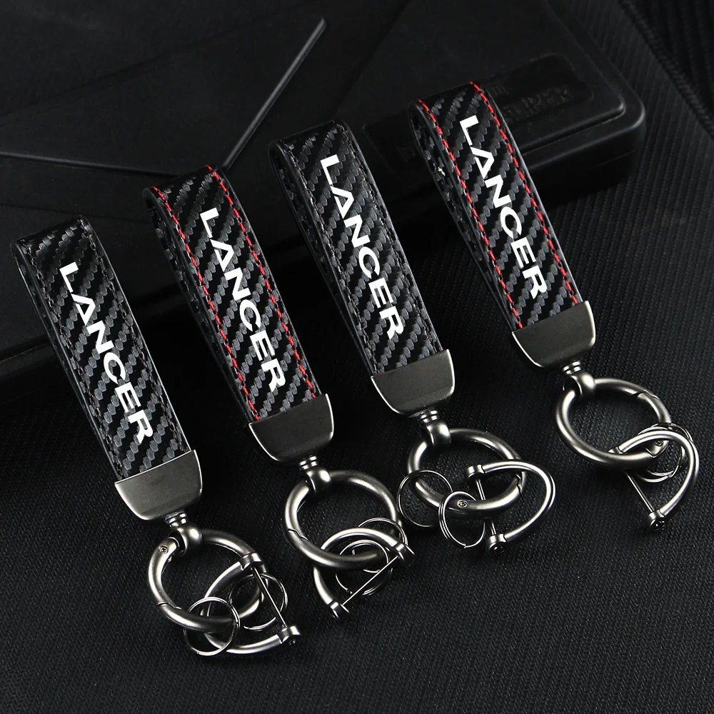 Carbon Fiber Leather Rope Car Keychain Alloy Key Chain Pendant Keyring Horseshoe Buckle for LANCER OUTLANDER PAJERO Accessories