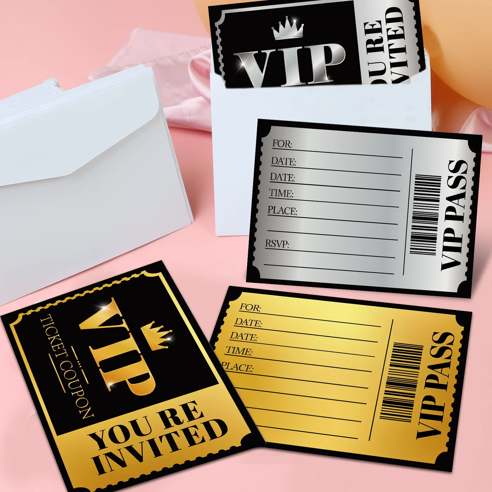 24 VIP party invitations, double-sided gold and silver, themed birthday celebration invitation cards, paper tickets for various