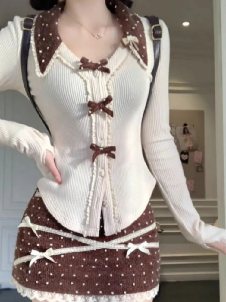 

Fashion Sweet Boe Slim Fit Long Sleeve Knitted Tops Women+ High Waist Wave Point Print Skirts 2025 Autumn New Two Piece Sets