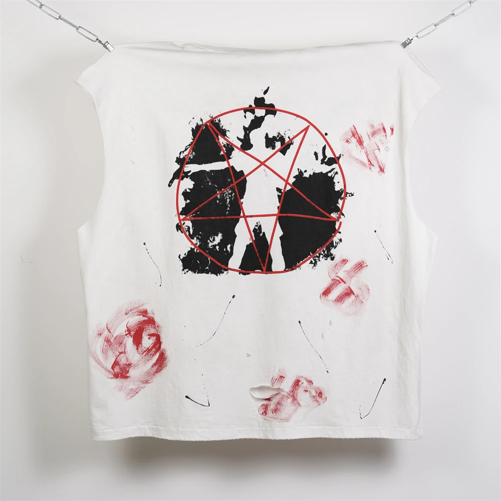 Graffiti-style hand-painted splatter ink Saint Vest T-shirt Tank Tops High Quality Washed T Shirt Men Women Tees Men's Clothing