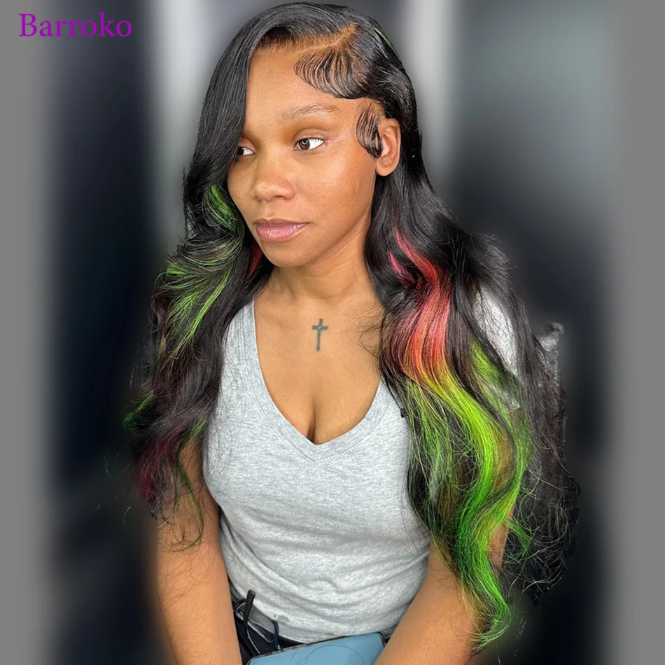 Barroko 13x4 Frontal Lace Body Wave Highlight Pink With Green Colored 34 Inch PrePlucked Remy Human Hair Wig For Women Brazilian