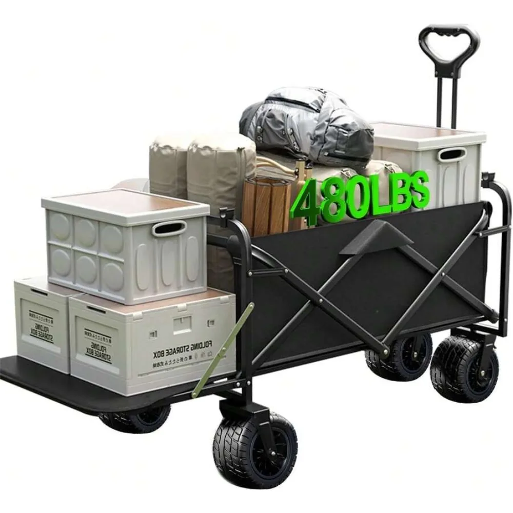 Heavy Duty Collapsible Folding Wagon Cart With Tailgate 240L Large Capacity Beach Wagon Cart With Brakes Adjustable Handle 360 Degree Wheels For Camping Grocery Shopping Gardening Outdoor Picnic Travel Folding Utility Cart Portable Storage Bag Included