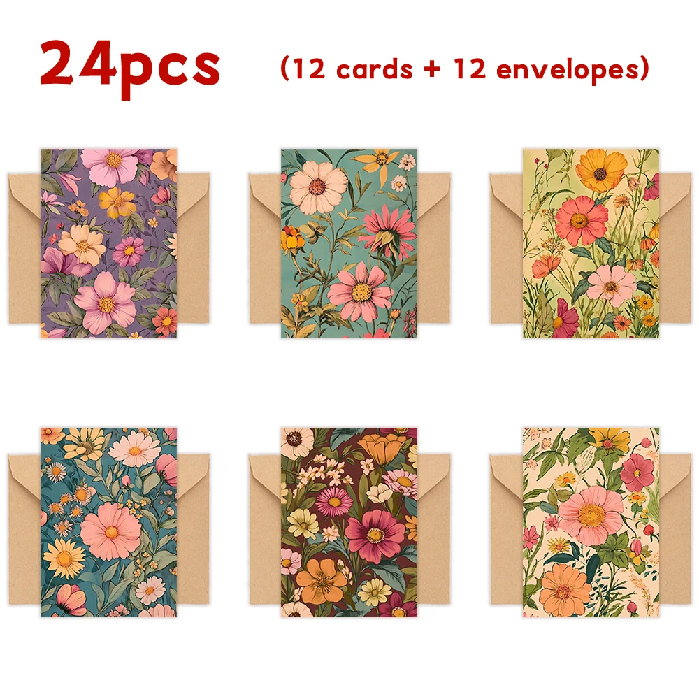 24 Stück, Vintage-Blumen-Grußkarten-Set mit Umschlägen für jedermann, DIY-Grußkarten, Einladungskarten, vielseitiger, lustiger Gruß – Detail 5