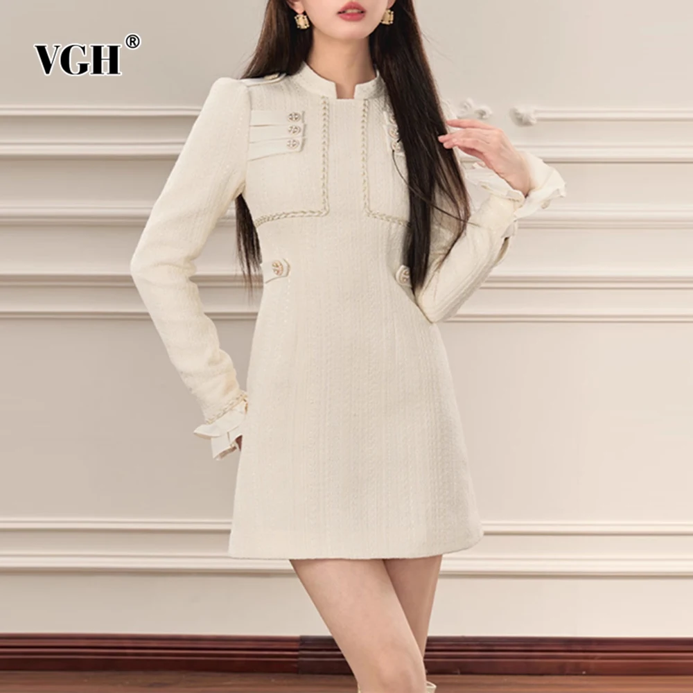 

VGH French Style Vintage Slimming Solid Dresses For Women Stand Collar Long Sleeve High Wasit Temperament Dress Female Fashion