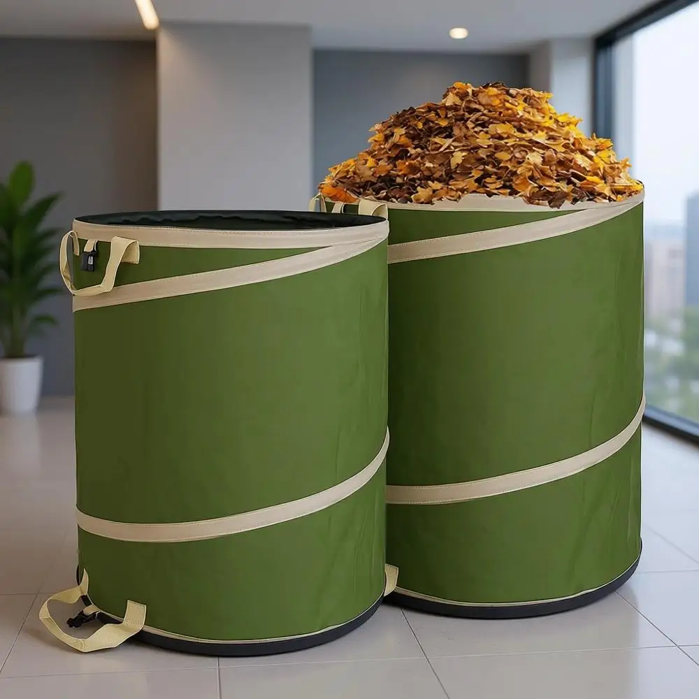 

2-Pack 47 Gallon Collapsible Trash Cans with Hard Bottom - Large Reusable Outdoor Waste Bags for Yard, Recycling, and Camping, G