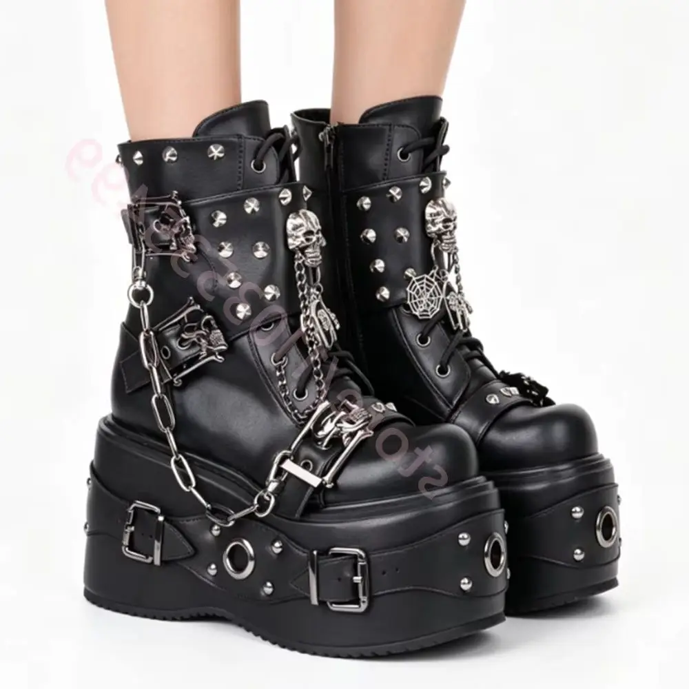 202 New Punk Style Platform Boots Women Black Metal Chain & Studs Decor Chunky Heel Boots Fashion Gothic Rock Motorcycle Boots