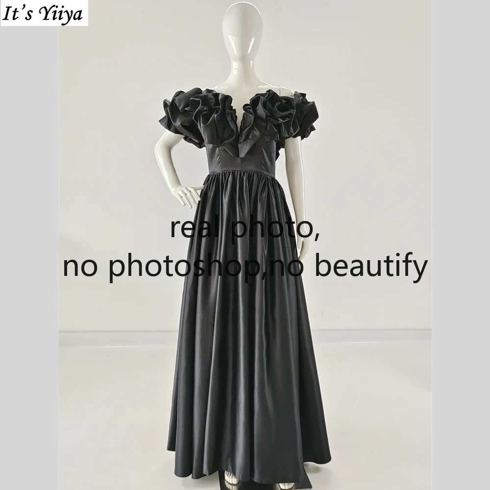 

It's Yiiya Real Photo Evening Dress Black Satin Pleat Short Sleeves Lace Up Floor Length A-Line Plus size Lady Formal Party Gown