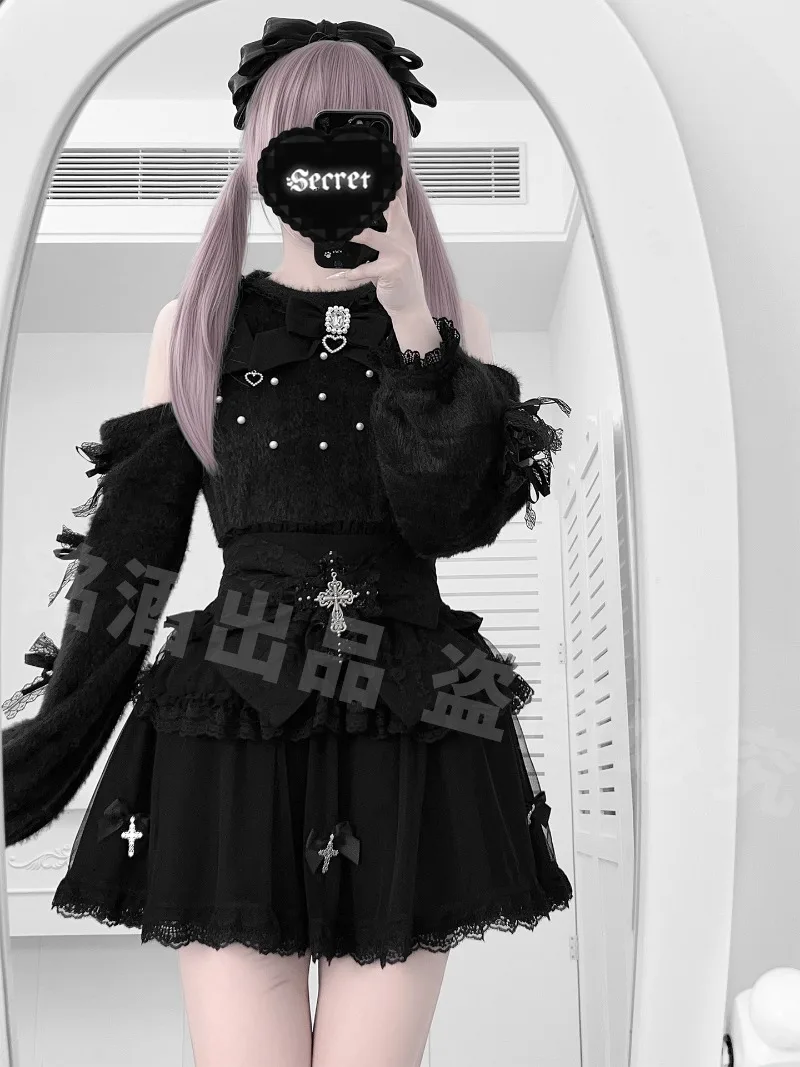 Y2K 서브컬쳐 레이스 로리타 스타일 신상 가을 겨울 블랙 워터컬러 숏 스웨터 재킷 하이웨이스트 스커트 투피스 세트 여성용