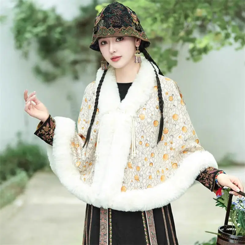 Winter Clothing Chinese Style Ethnic Retro Thick And Fluffy Collar Cheongsam Jacket Cloak Fashion Elegant Floral Shawl A445