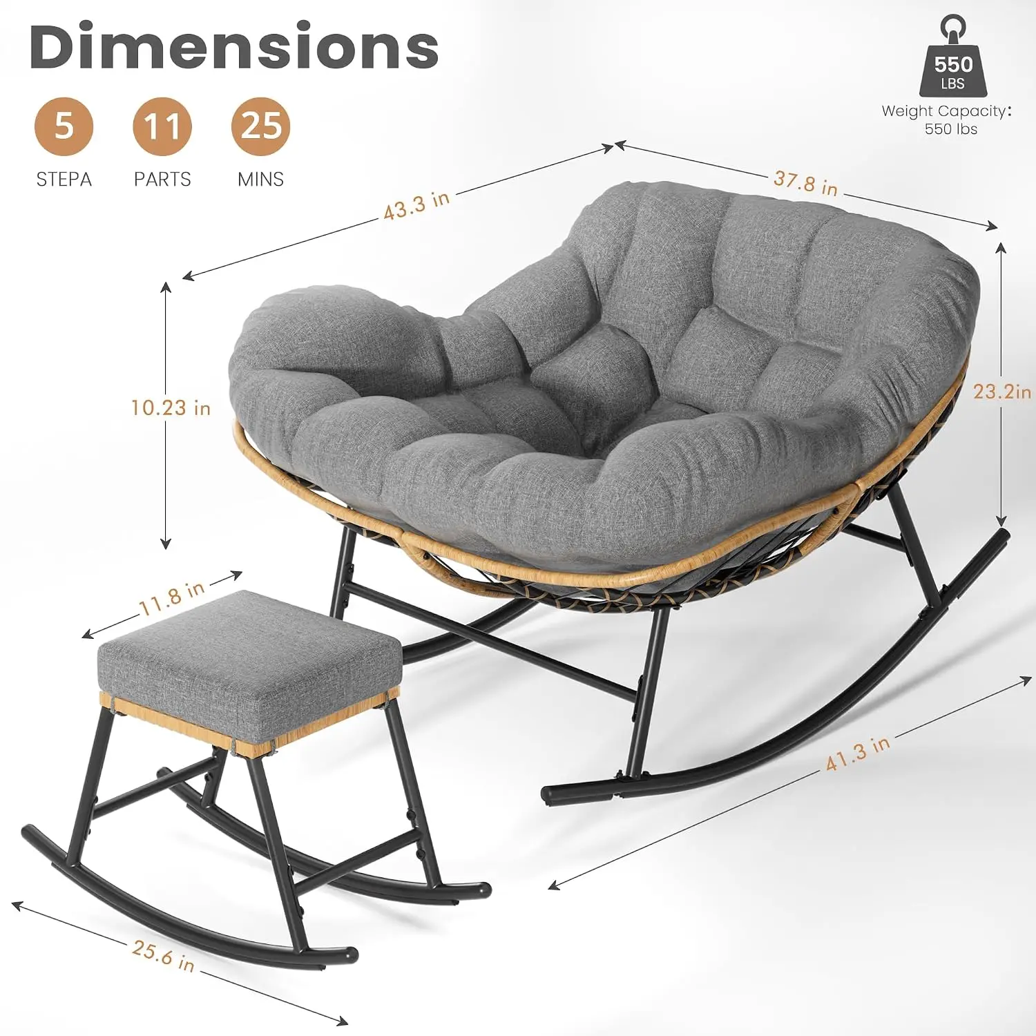 Oversized Papasan Rocking Chair & Ottoman Indoor Outdoor Wicker Rocker Thick Cushion Patio Lawn Bedroom, Customized