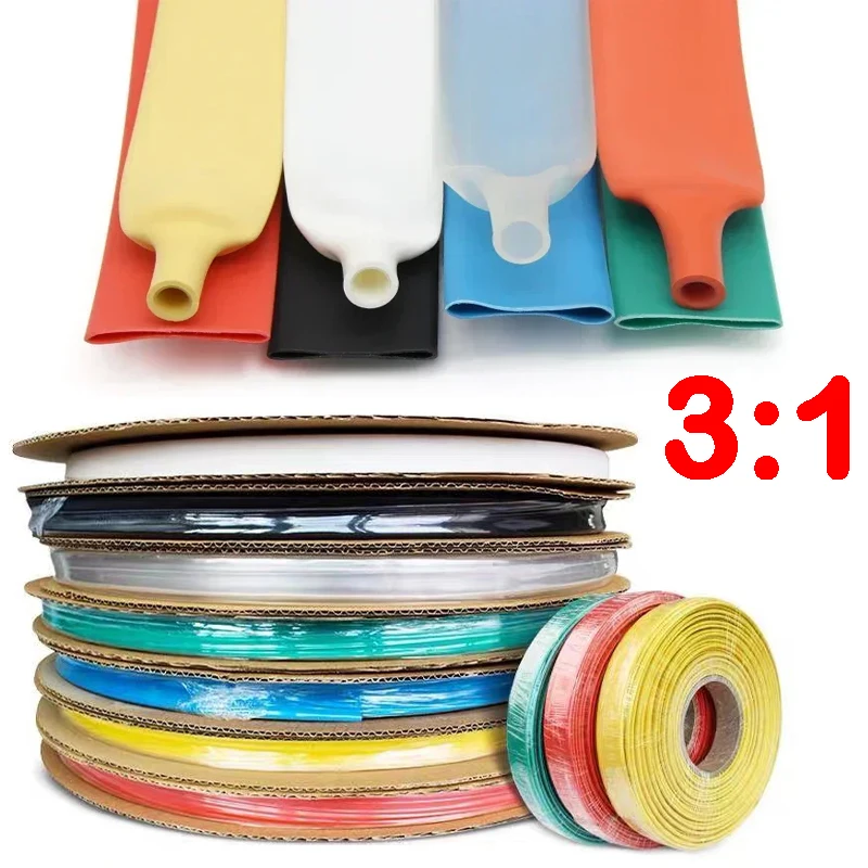 10/50/100M 200Meter 3:1 Heat Shrink Tube Black with Glue Polyolefin Shrinking Assorted Ratio Adhesive Wire Cable Sleeving Tubing
