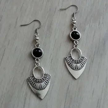 黑色瑪瑙三角形耳環,哥德式珠寶,女巫配件,復古,異教,神秘,維多利亞,民族風,耳鉤式耳環,適合女性和女孩佩戴 10 最佳銷售 瑪瑙耳環 - №2