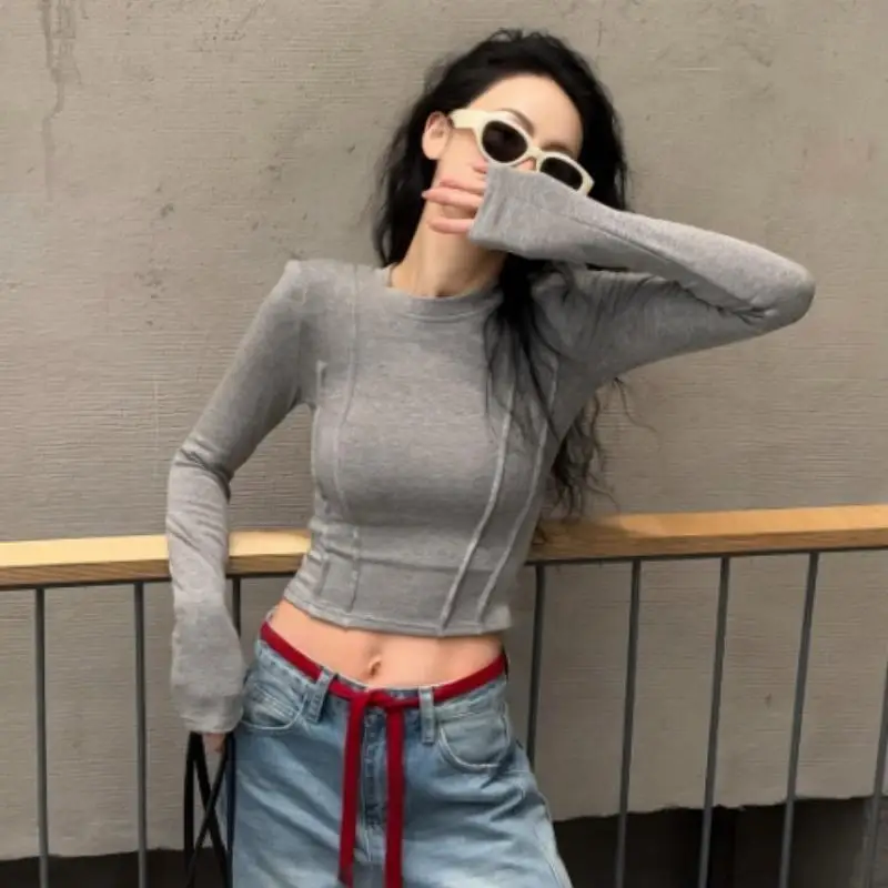 Temperamento corto simplicidad Tops manga larga sólido ajustado elegante camisetas juveniles primavera otoño nueva moda Sexy ropa de mujer