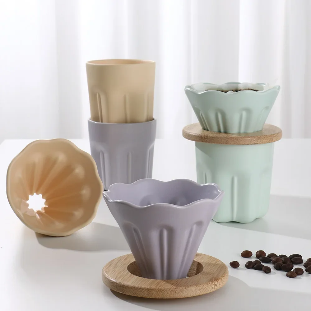 Ceramic Hand-brewed Coffee Filter Cup Magnolia Macaron Three Color Coffee Filter Cup High Temperature Resistance Hand Punch Set