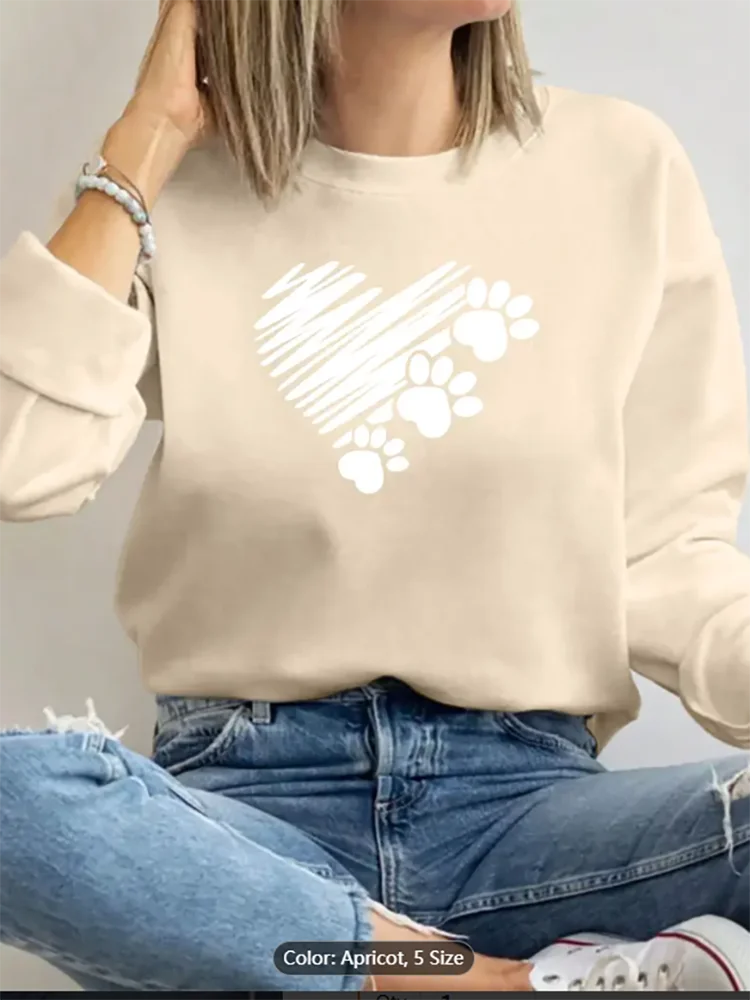 

Womens White Sweatshirt Heart and Paw Prints Graphic Print Casual Oversized Pullover Top for Animal Lovers Pure Cotton Comfort