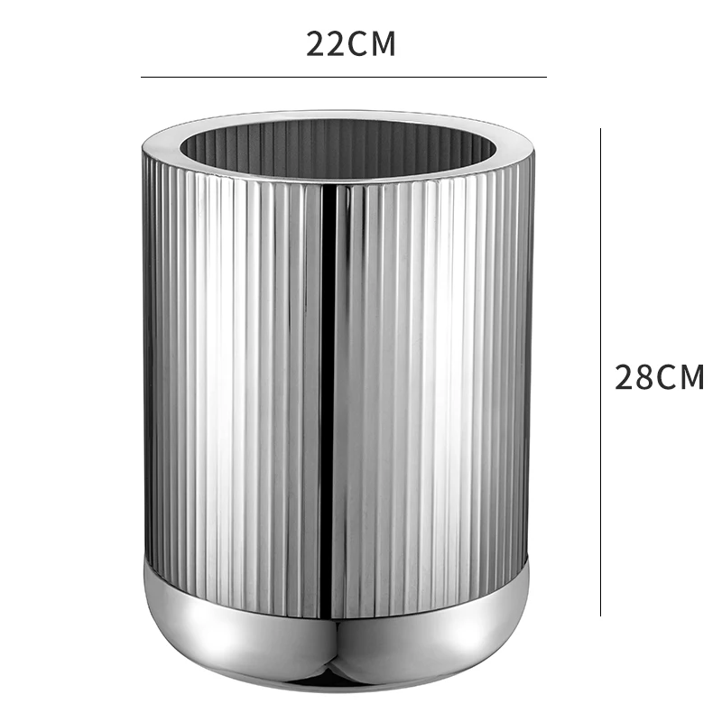 Stainless Steel & Leather Trash Can Round Office Waste Basket Decorative Luxury Garbage Bin for Living Room Hotel Display Bucket
